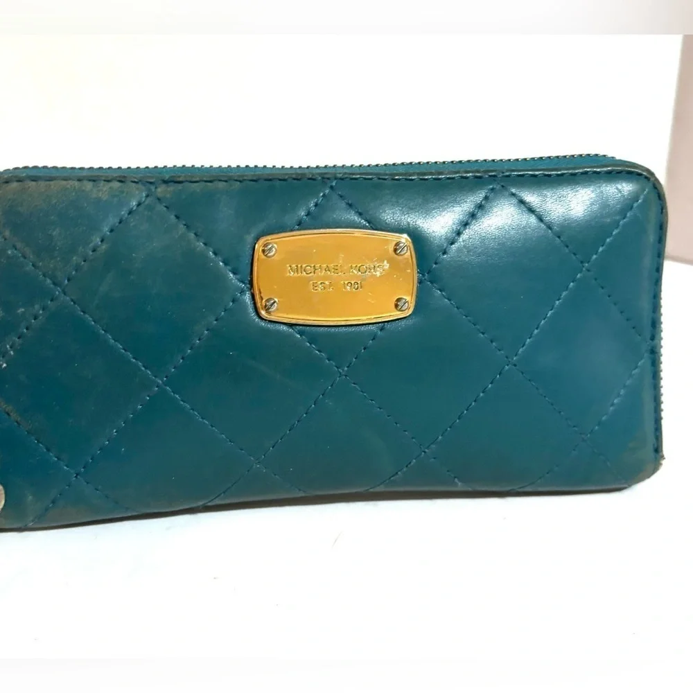 Michael Kors Teal Quilted Wallet with Gold Accents